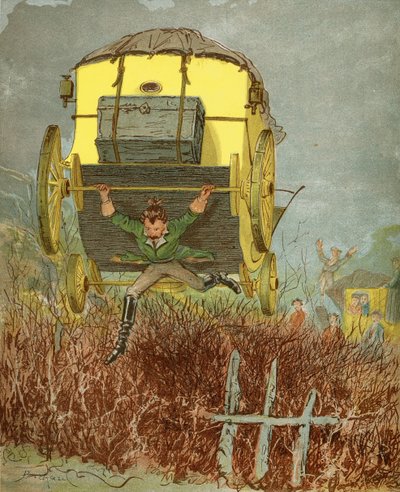 Le baron de Münchhausen transporte sa voiture sur une route étroite, des 